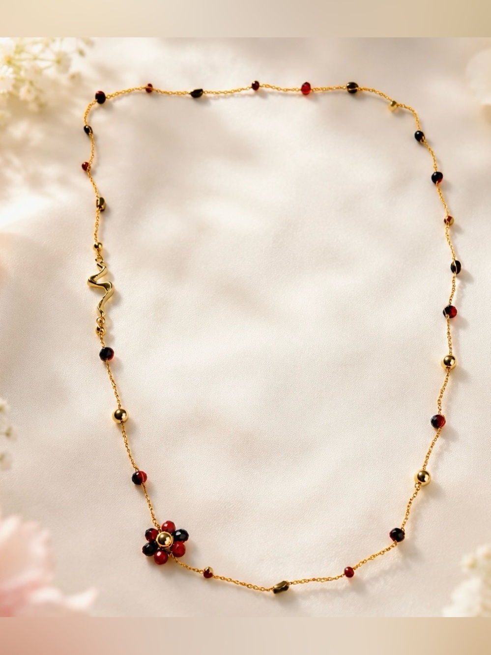 🪎 3/$30 Golden Beaded Long Necklace with Red and Black Accents